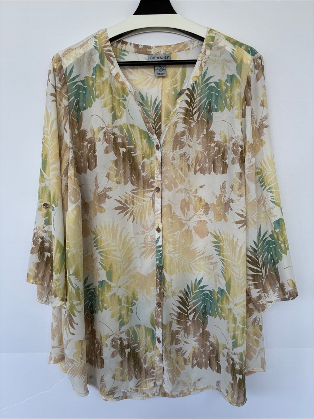 Catherines Cream Button-Front Tunic with Green and Brown Leaf Print 1X - Picture 11 of 15